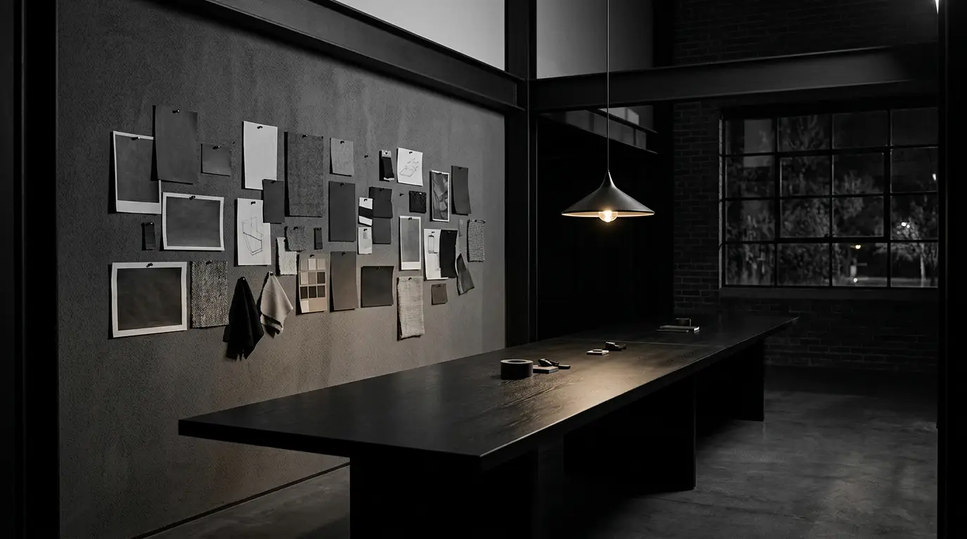 A dark creative studio with a long black table, a pendant lamp and moodboards pinned to a charcoal wall