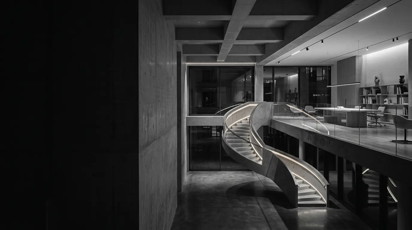 A sculptural concrete staircase lit by thin lines of warm light inside a dark, double-height modern studio