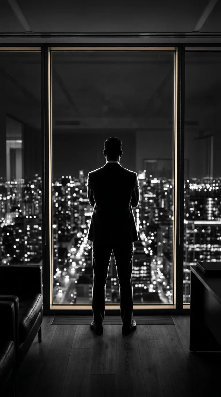 Silhouette of a founder in a tailored suit looking out over a city at night from a dark penthouse office